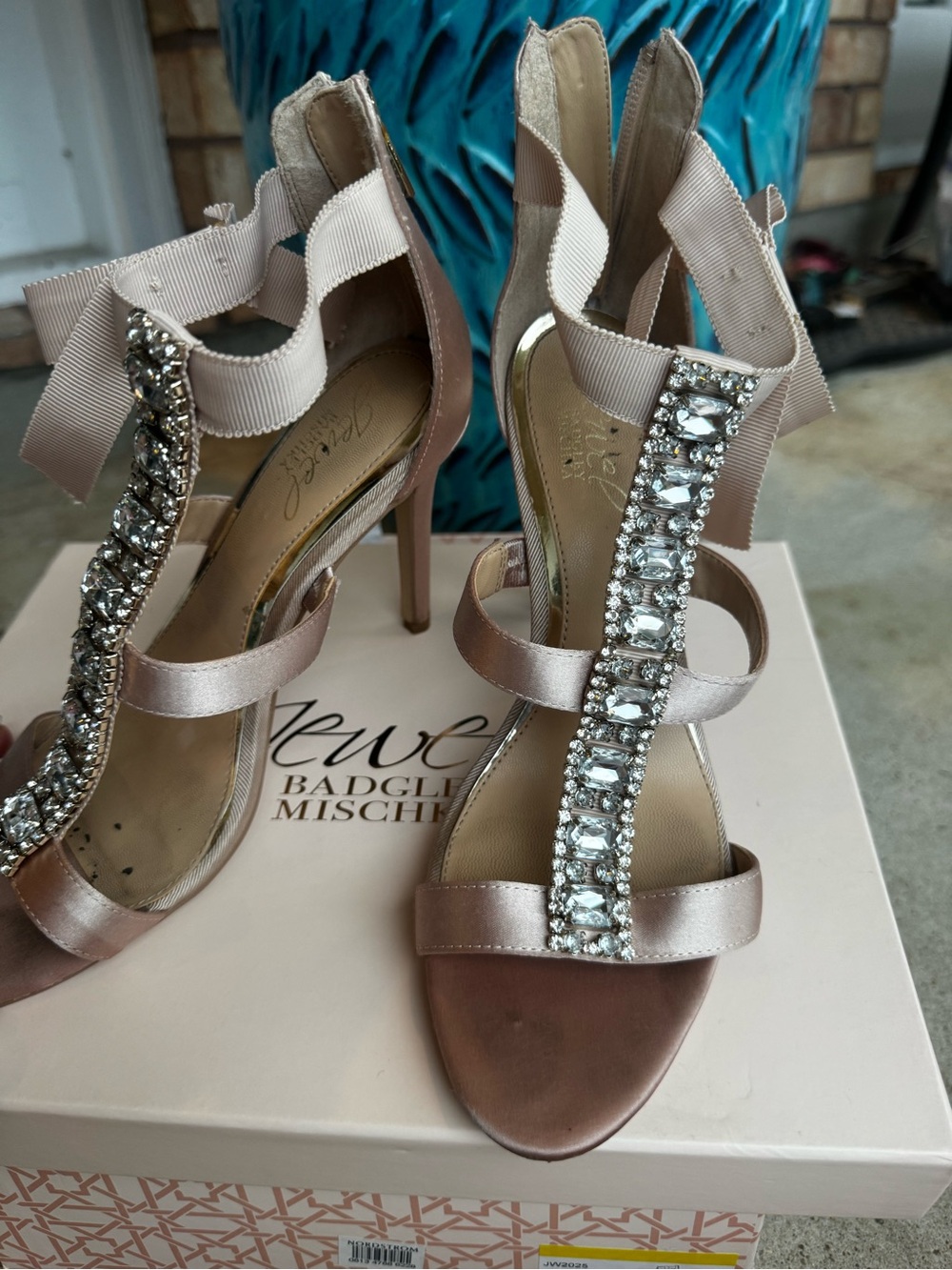 Badgley Mischka Satin Jeweled T-Strap Heels in Blush